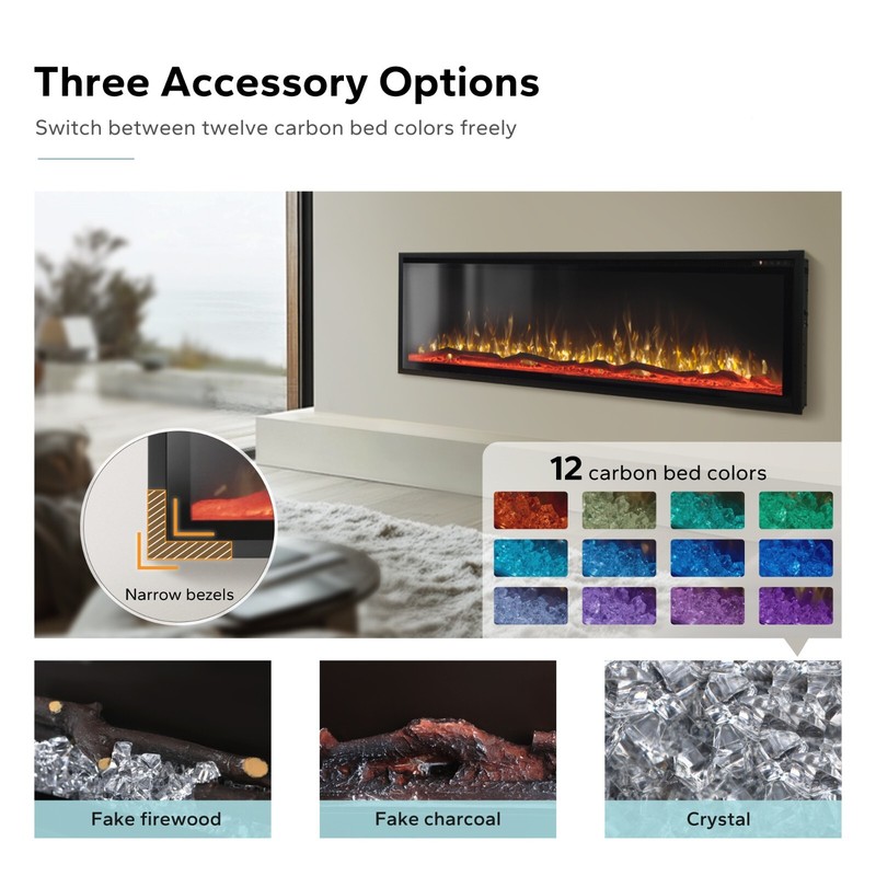 60" Thin Electric Fireplace Wall Mounted Recessed Fireplace Heater Log & Crystal gallery