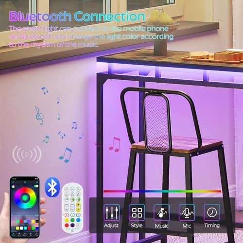 Rustic Brown + Black LED Bar Table with LED Lights - Counter Height Bar Table gallery