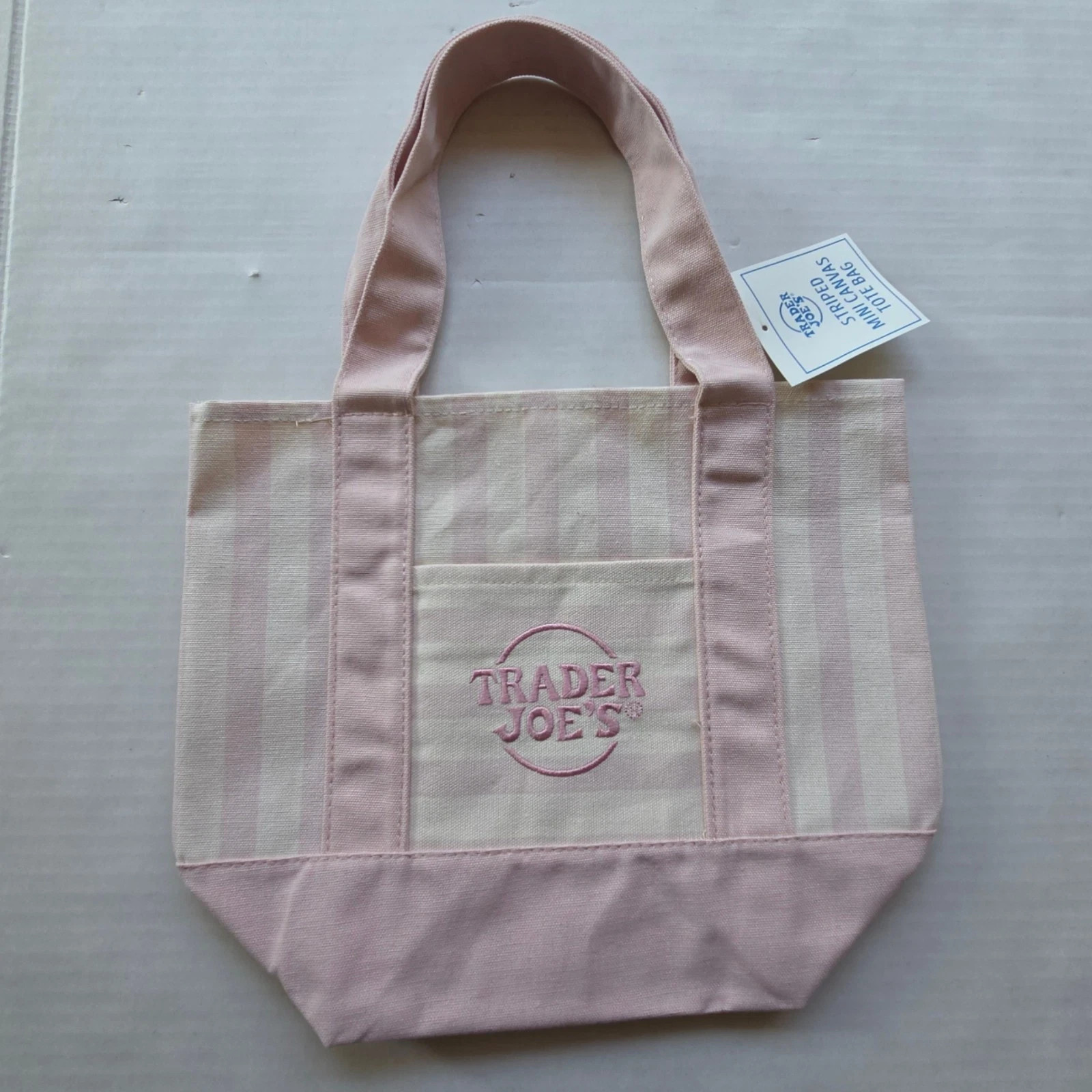 Trader Joe’s MINI Canvas Reusable Bag, with Off White or Tan, LIGHT PINK STRIPES gallery