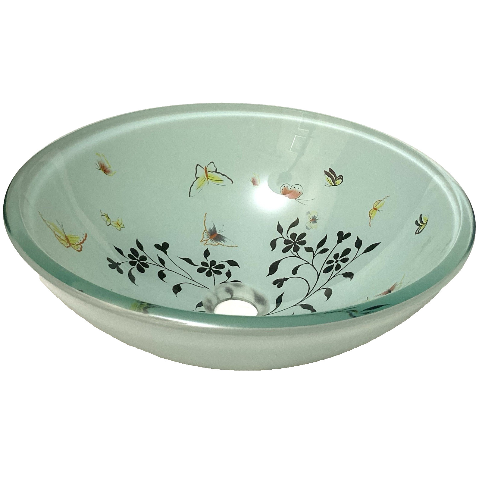 Light Green 16.5" Tempered Glass Bathroom Vessel Sink Round Bowl Leaf Butterfly gallery