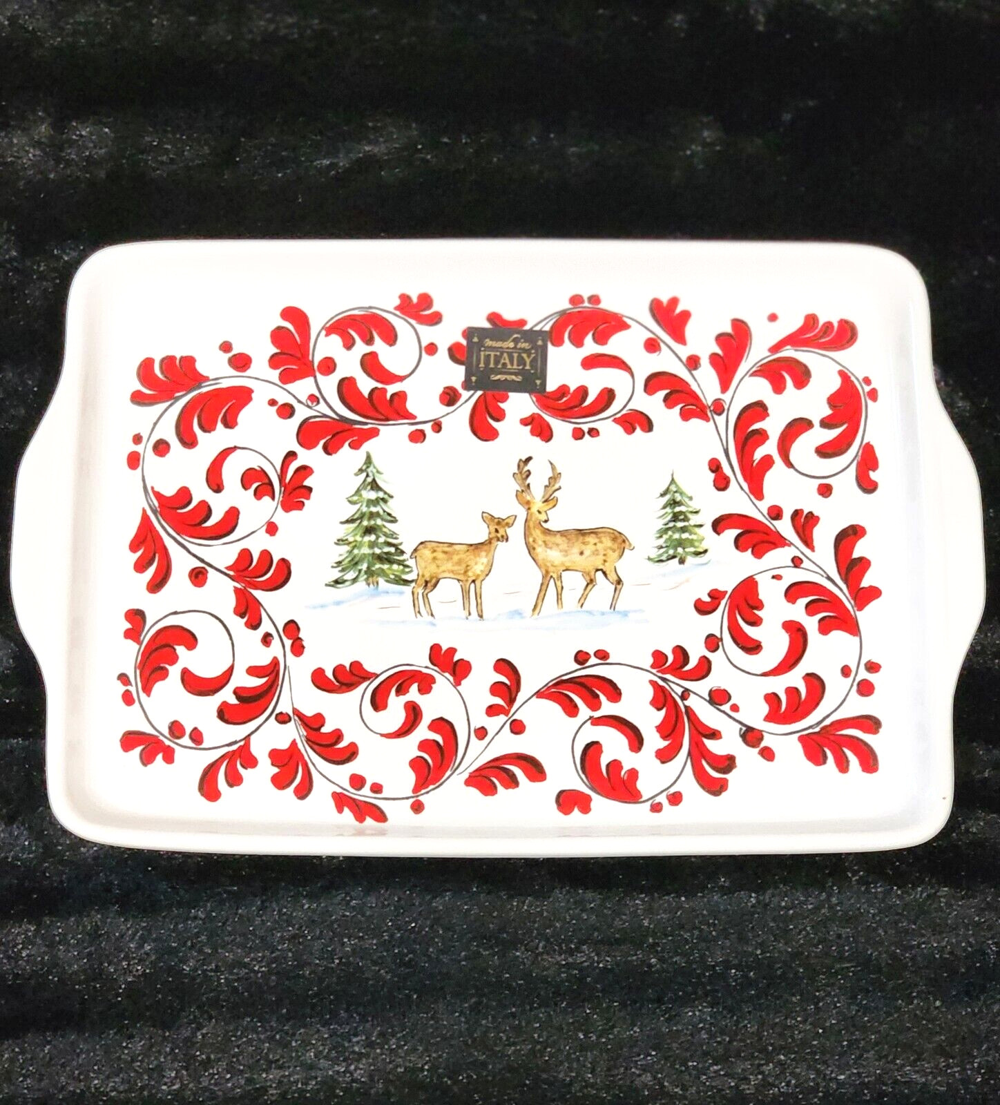 Nova Deruta 12" Italian Ceramic Rectangle Serve Tray Deer Trees Red Leaf Scroll gallery
