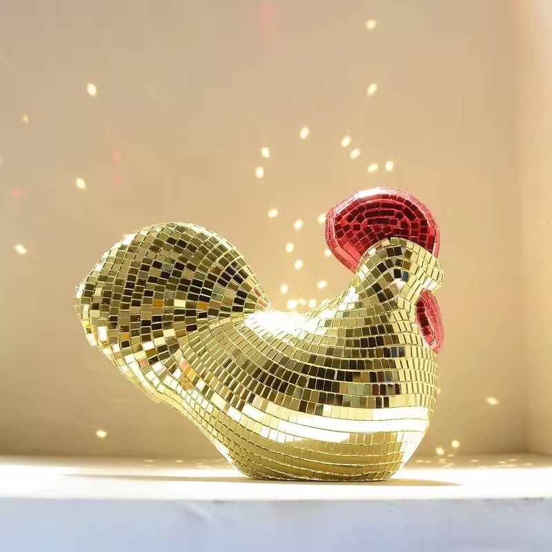 Mirror Disco Ball Rooster Statue Creative Chicken Sculpture Party Home Decor New gallery