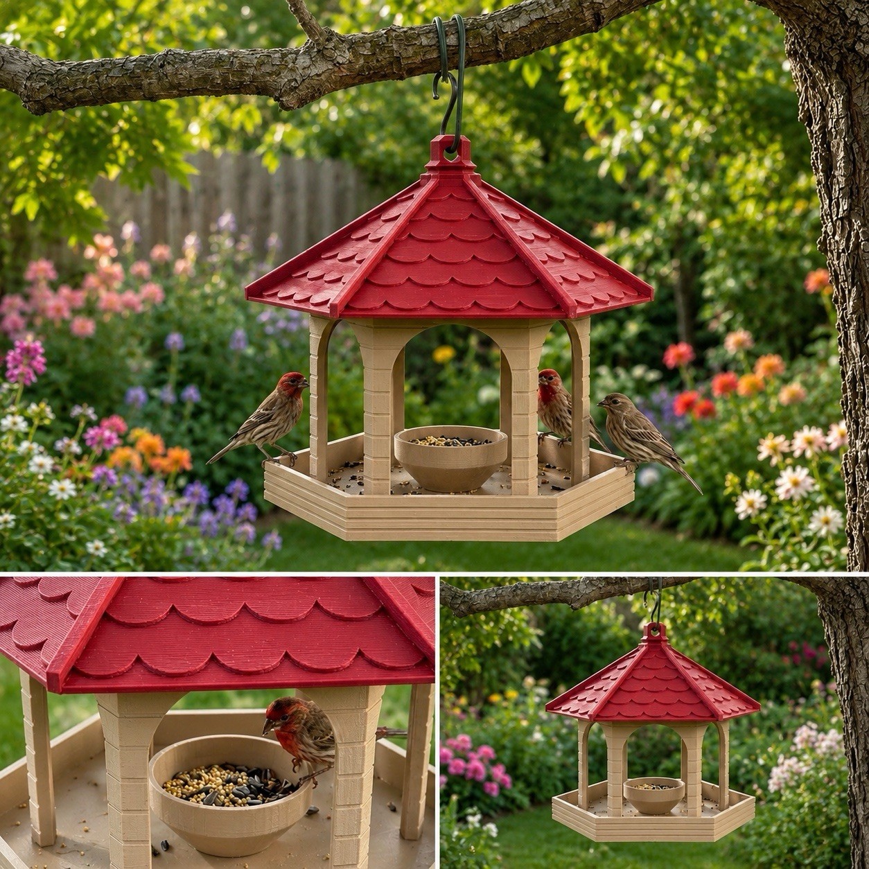 Hanging Traditional Seed Bird Feeder, Red/Beige, 1 Station, Easy Refill gallery