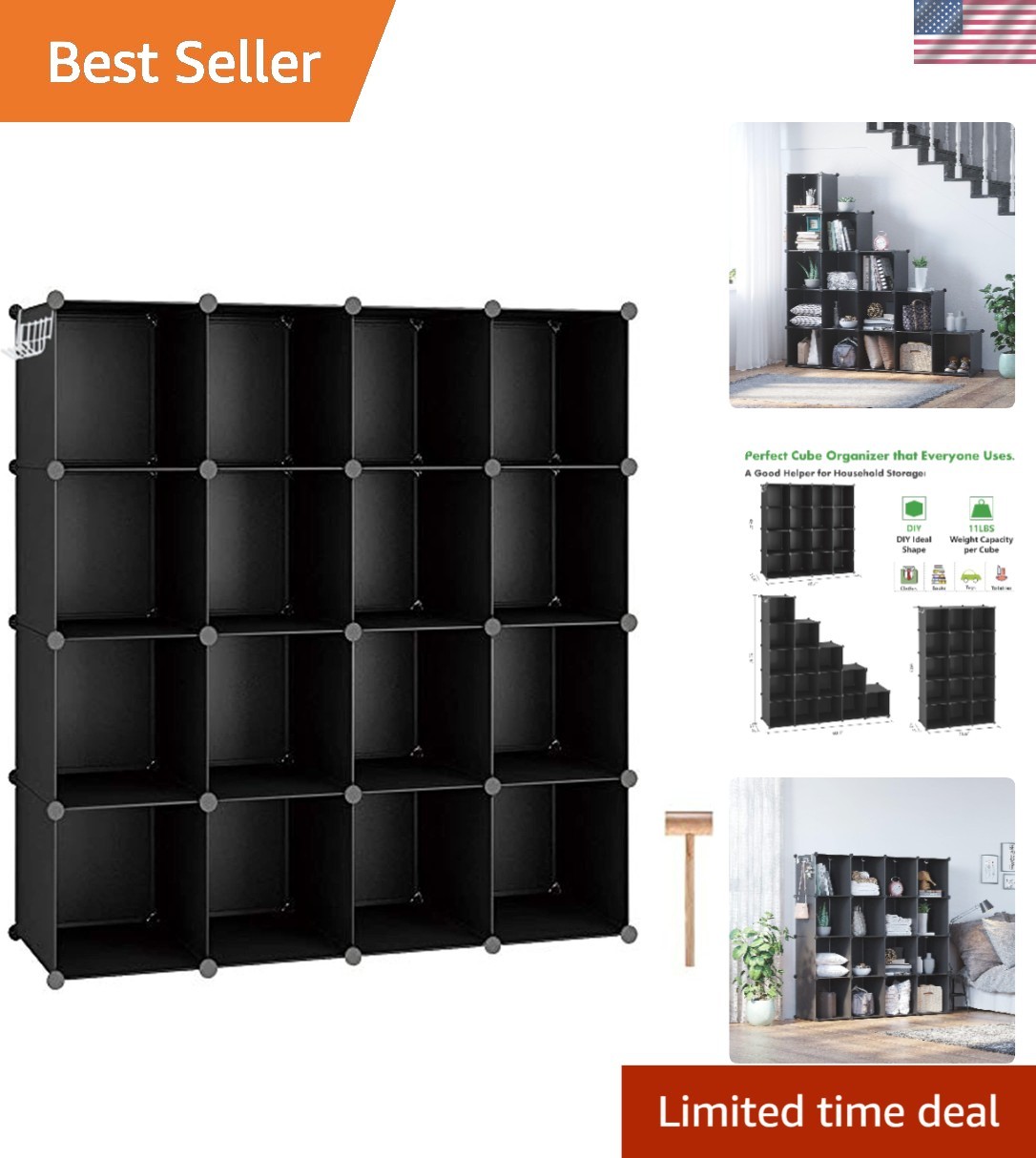 Functional 16-Cube Storage Unit - Black Plastic Organizer, Space-Saving Design gallery