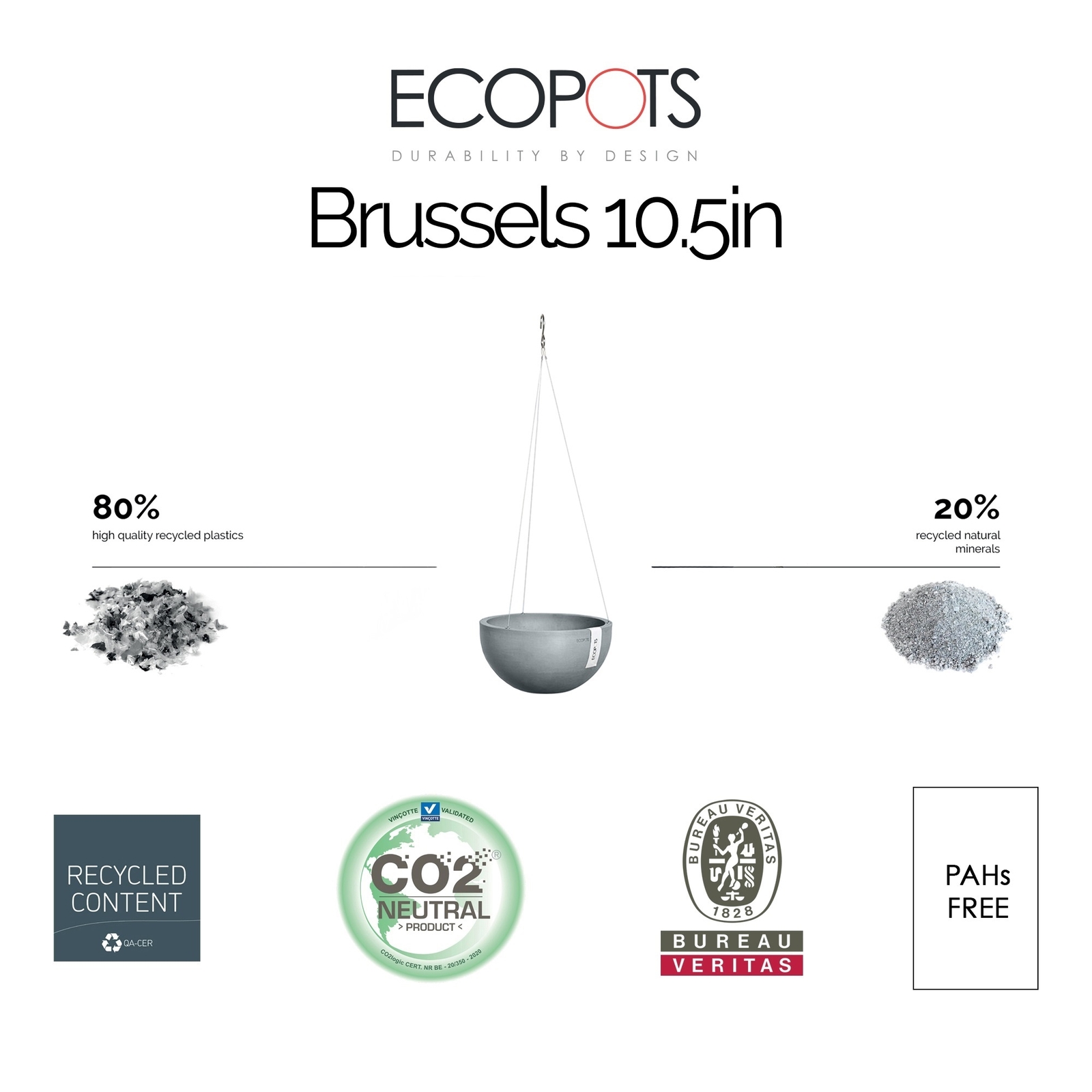 Ecopots Plastic Round Hanging Brussels Flower Pot Planter, Blue Grey, 10.5" gallery