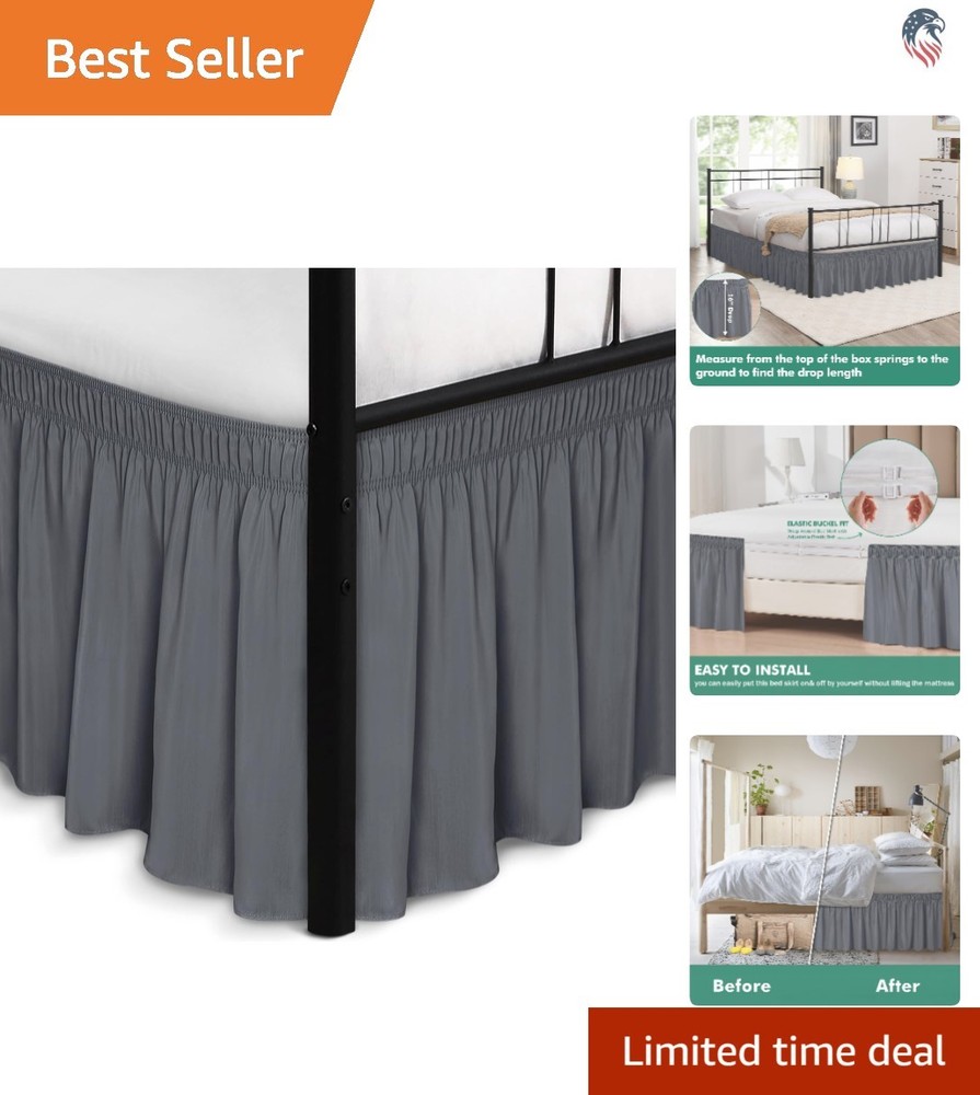 Queen Bed Wrap Around Skirt Split Corners Elastic Dust Ruffle Polyester Dark ...