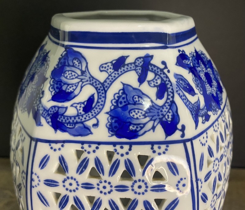 Chinese Blue White Pierced Ceramic Garden Stool Lantern Vase 13.5” Chinoiserie gallery