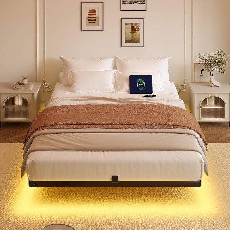 Modern Queen Size Floating Bed Frame with LED Lights & Charging Station gallery