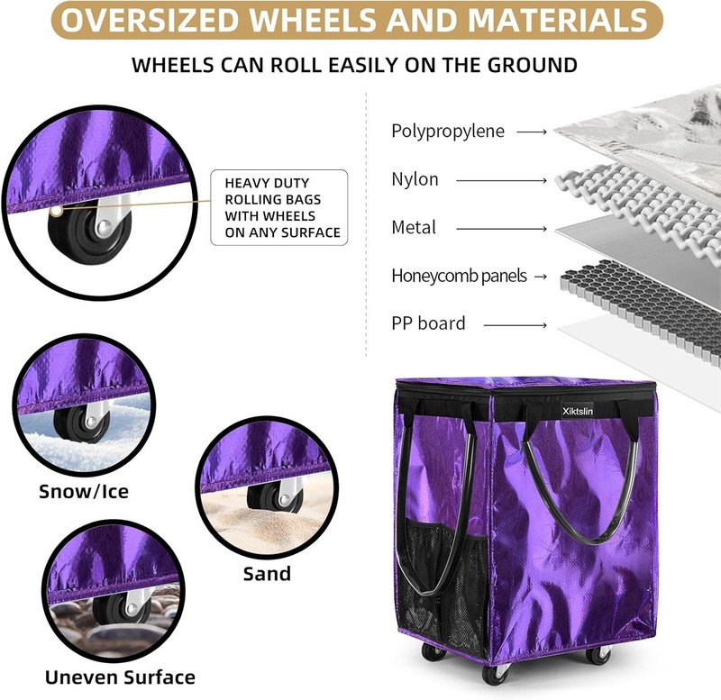 Durable 66lb Capacity Foldable Rolling Tote Bag in Purple - Perfect for Shopping gallery