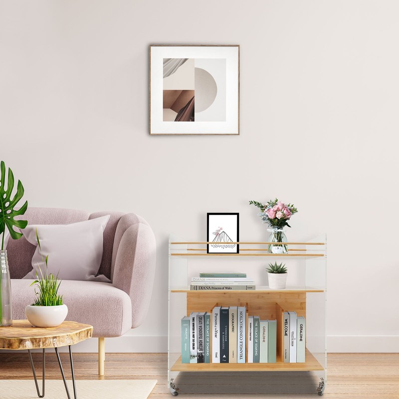 Acrylic&Bamboo End Table Side Table Modern 3-tier End Table with Four Wheels USA gallery