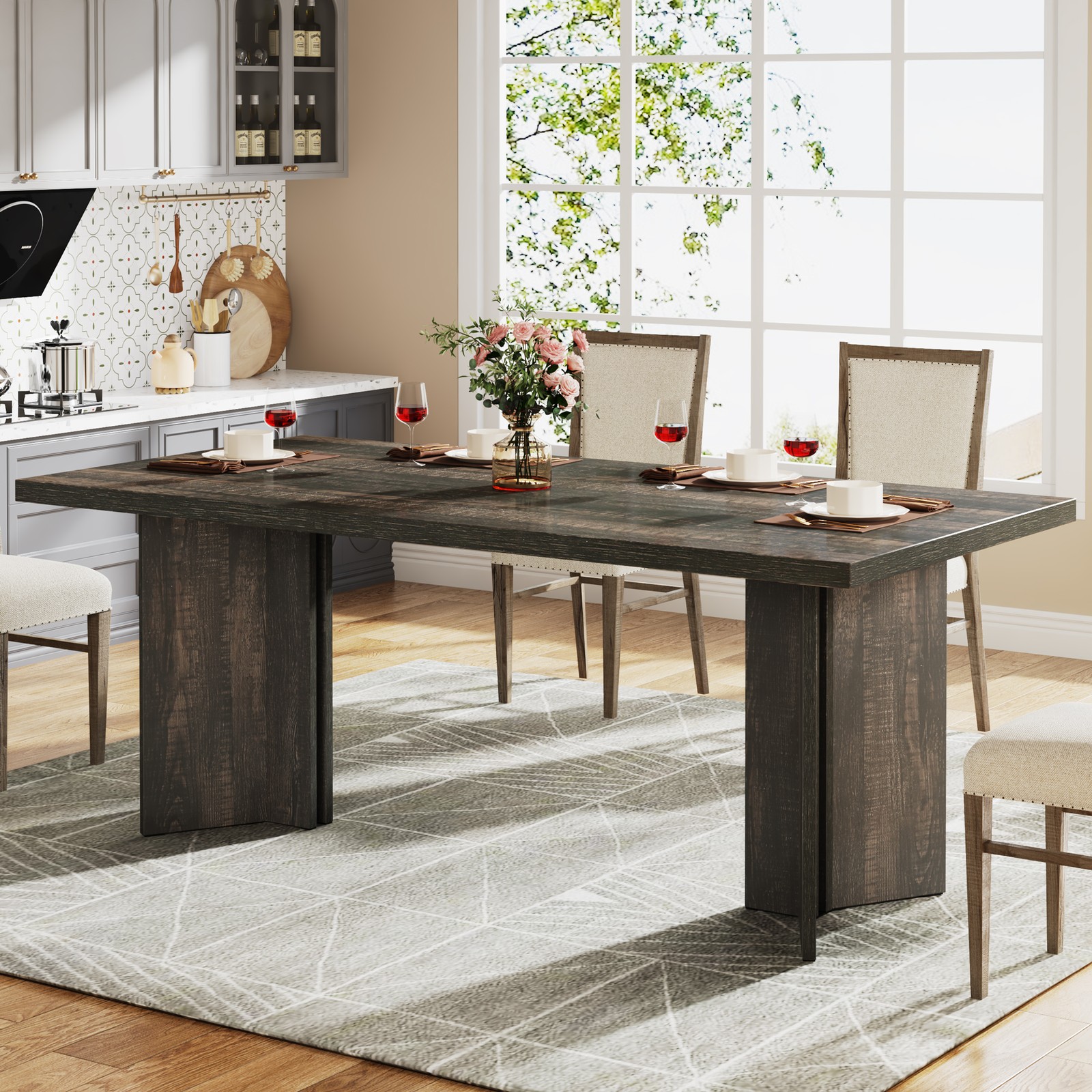 63 Inch Rectangular Dining Table Farmhouse Wooden Kitchen Table for 4-6 People gallery
