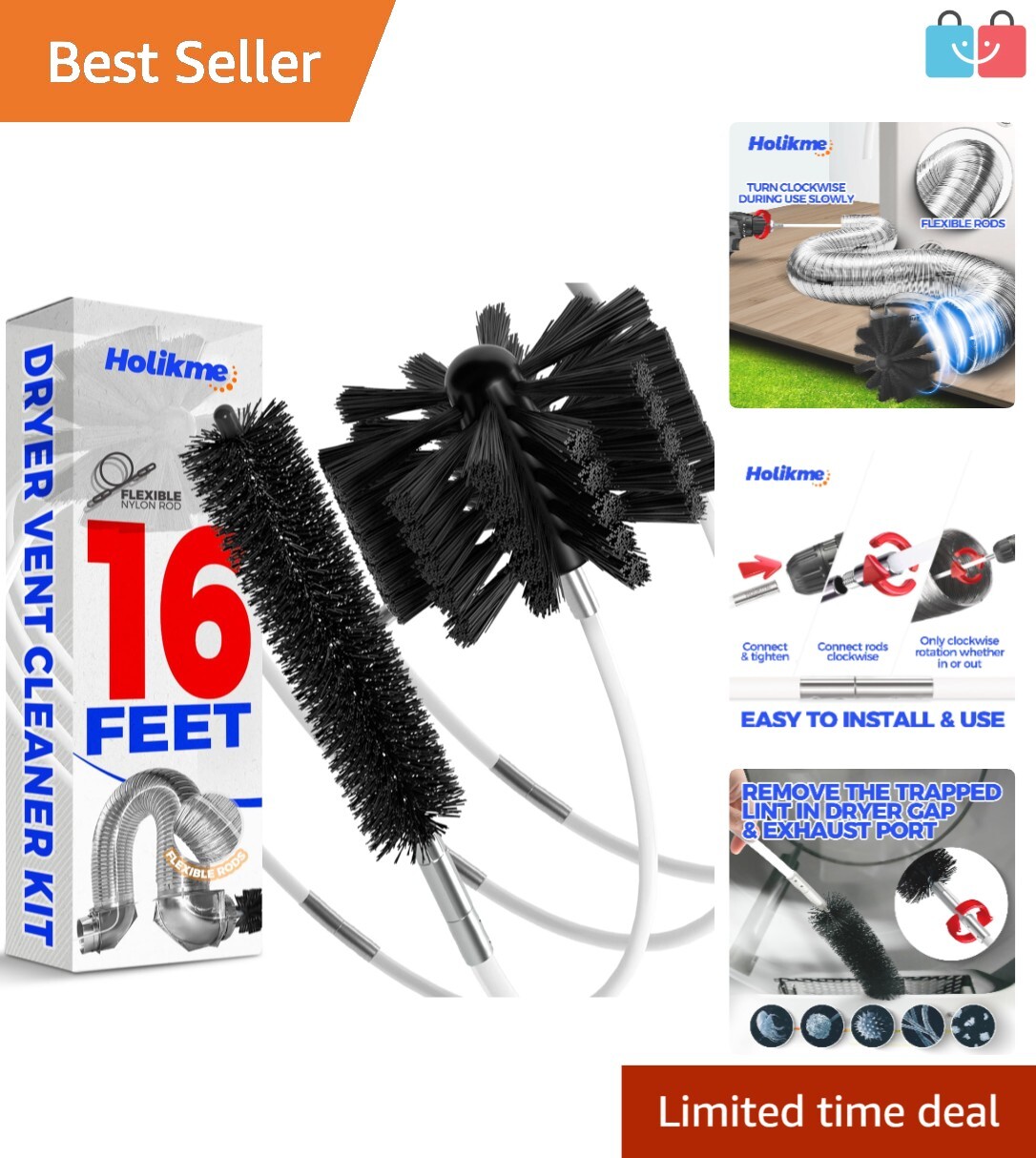 16-Foot Dryer Vent Cleaning Kit - Versatile Lint Remover with Drill Attachment gallery