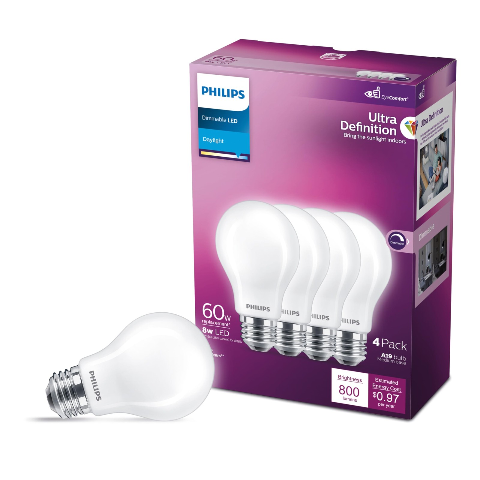 PHILIPS LED 60W A19 4-Pack Ultra Definition Daylight (5000K) 800 Lumen (8W = gallery