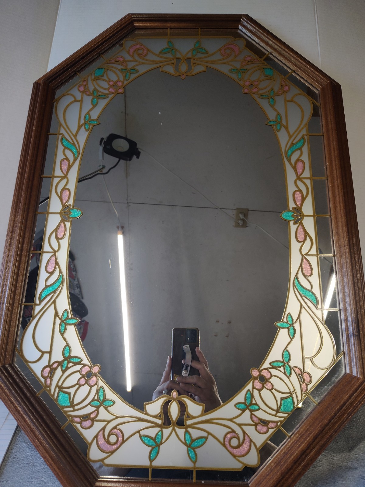 Vintage Octagonal Wood Frame Mirror Stained Glass Effect Floral Decor Wall Art gallery