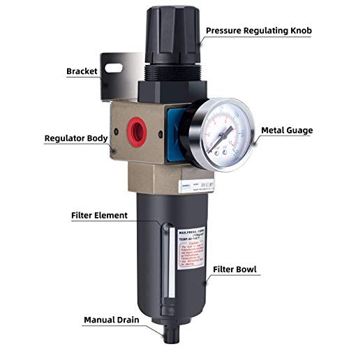 Compressed Air Filter Regulator, 5 Micron Brass Element, 0-150 psi 3/8" NPT gallery
