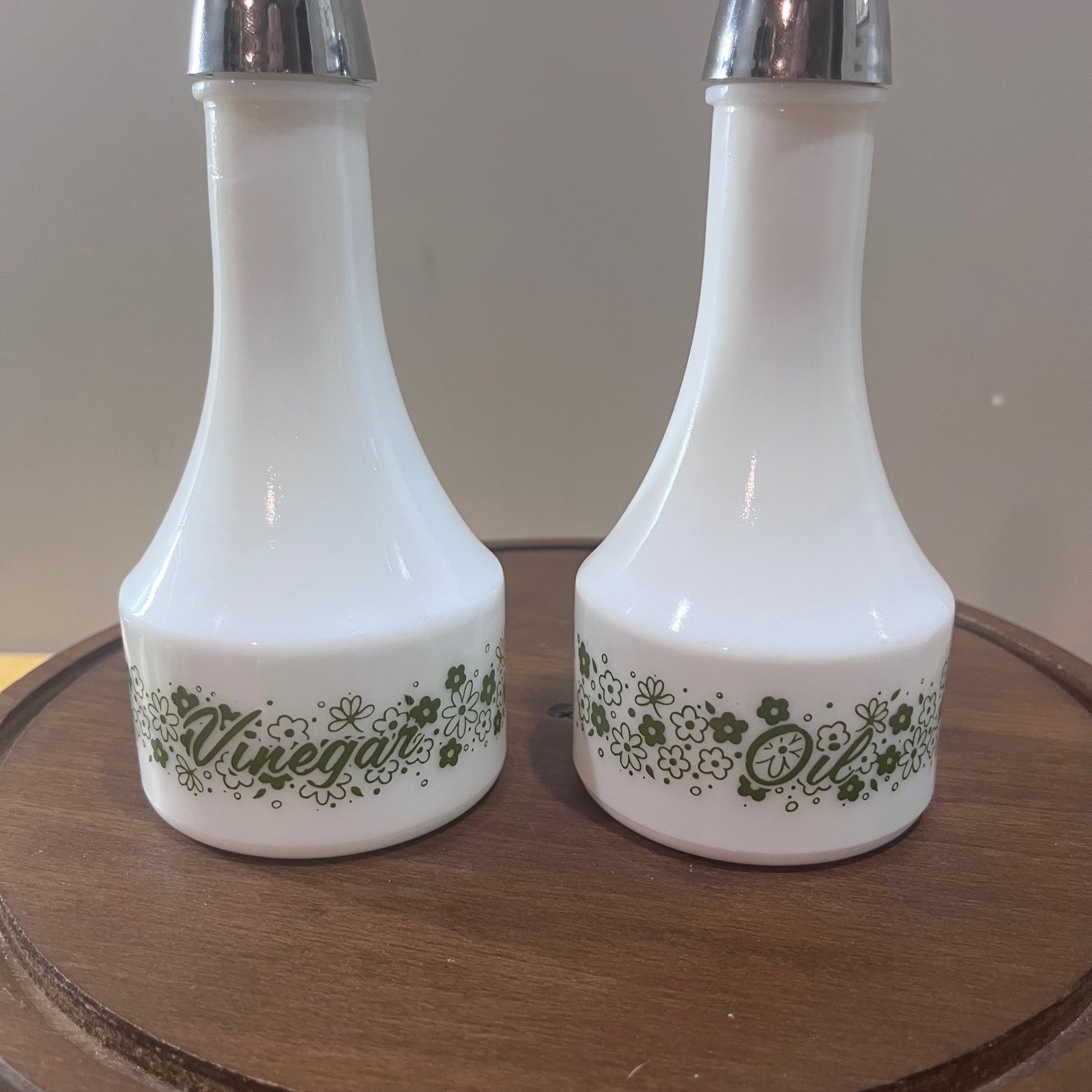 Vtg Pyrex Spring Blossom Green Crazy Daisy Oil Vinegar Cruet Set MCM Milk Glass gallery