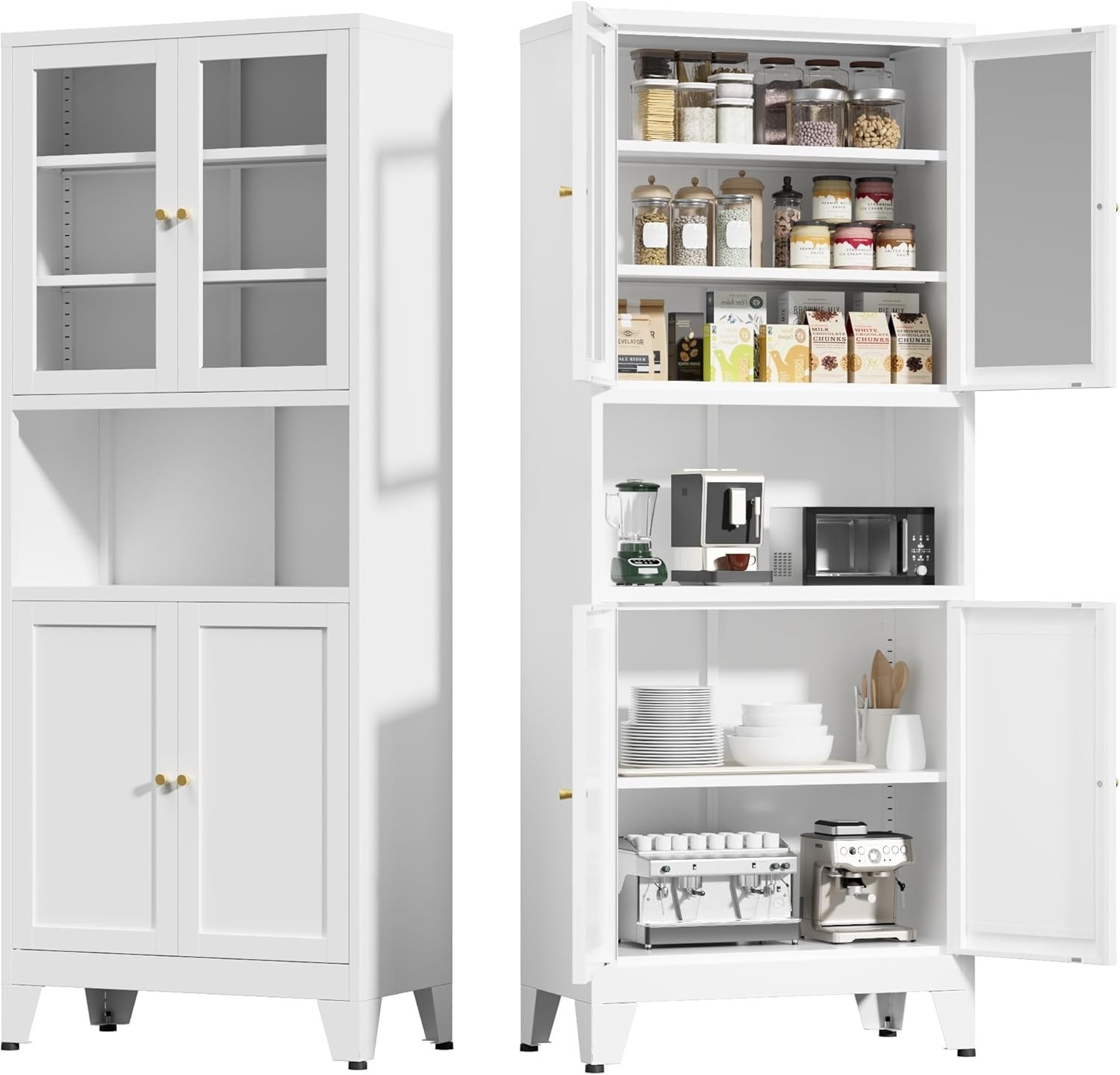 69" Metal Kitchen Pantry Storage Cabinet With Glass Doors and Adjustable Shelves gallery