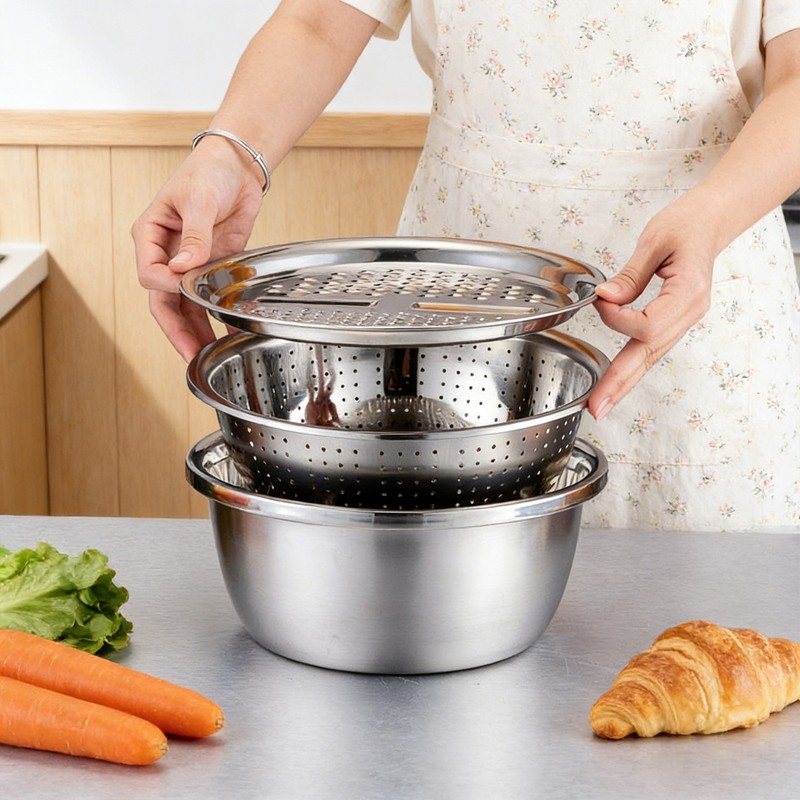 3Pack Multi-Functional Stainless Steel Shredding & Drainage Basin W/ Grating Lid gallery