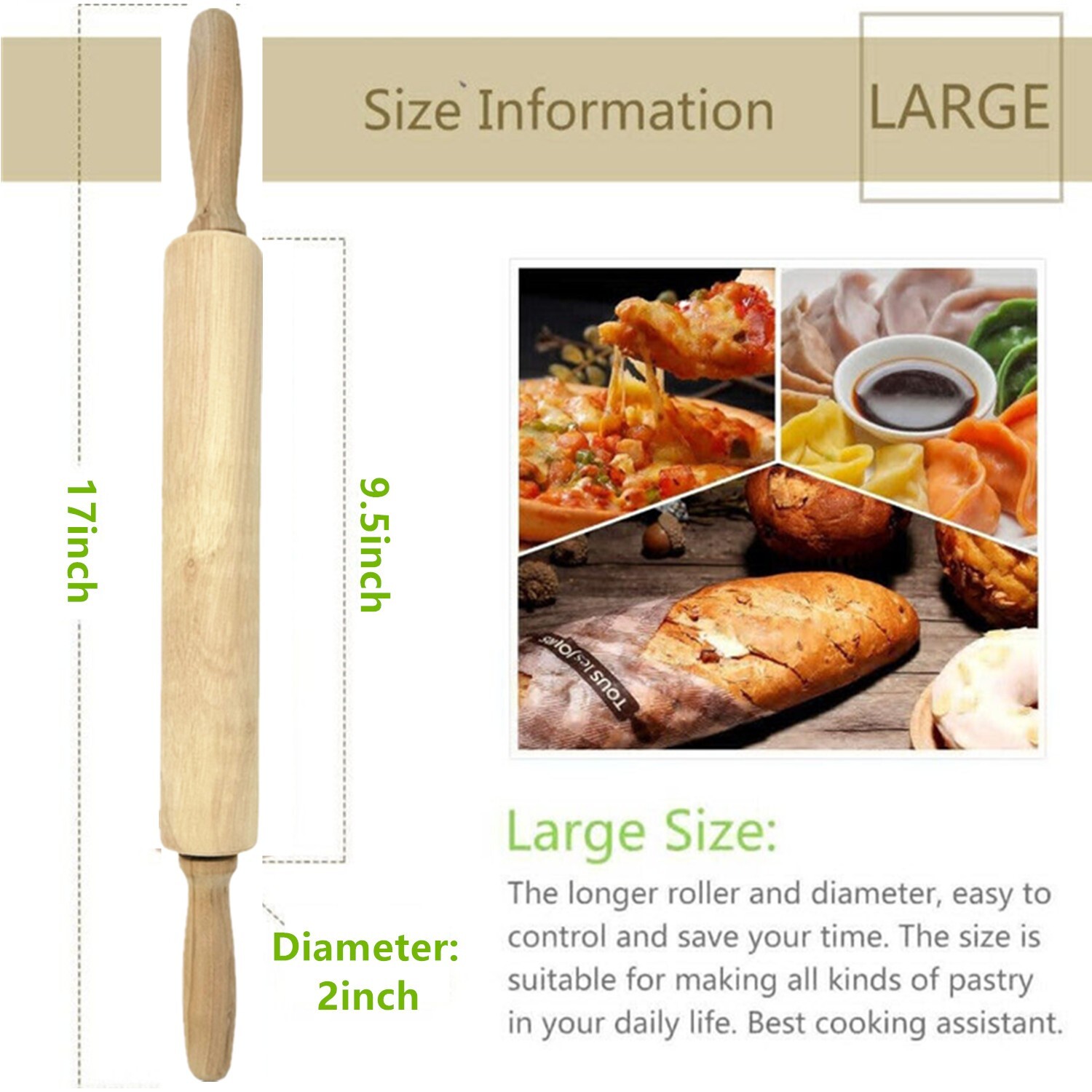 17'' Classic Rolling Pin for Baking, Pastry, Pizza, Long Beech Wood Dough Roller gallery