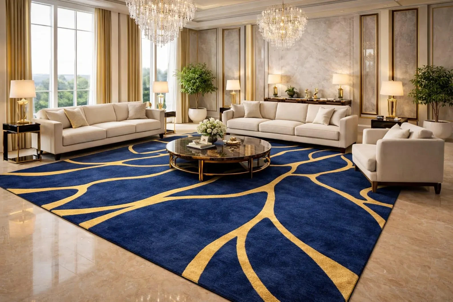 Handmade Navy & Gold Abstract Rug – Modern Tufted Carpet for home decor Rugs gallery