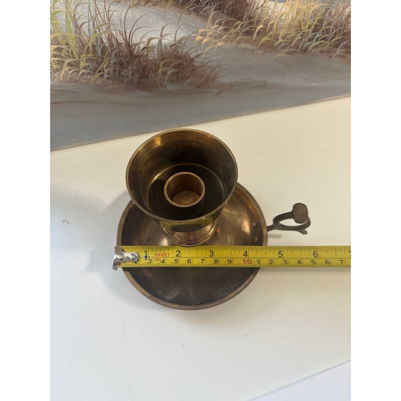Vintage Solid Brass Chamberstick Candle Holder with Finger Loop Handle Patina gallery