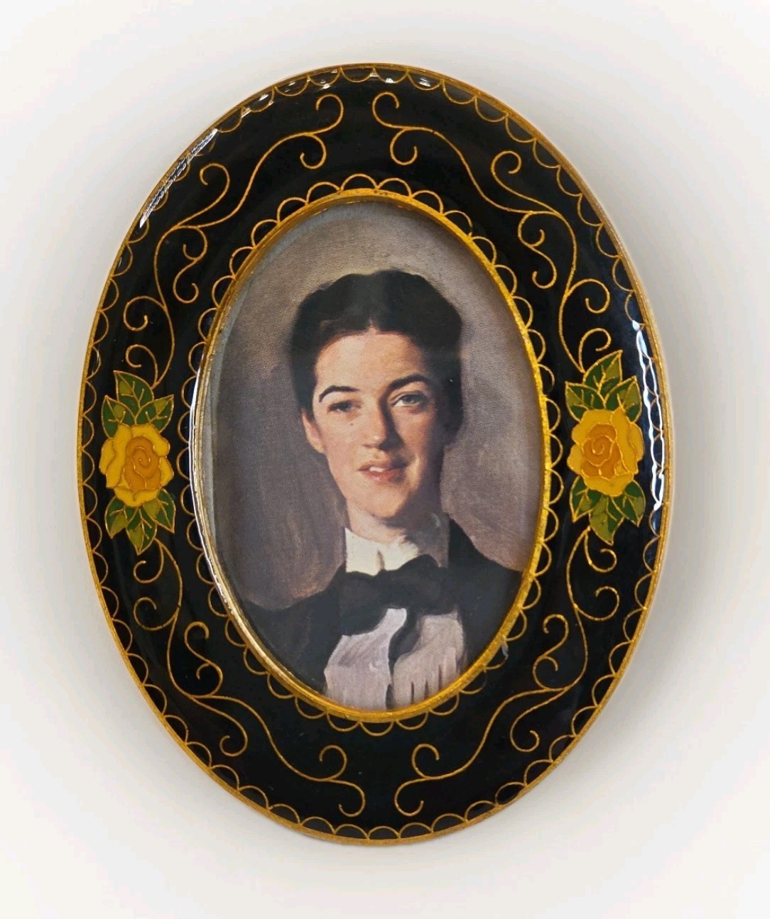 Decorative Oval Picture Frame Holds 2"x3" Photo Yellow Floral Enamel Cloisonne gallery