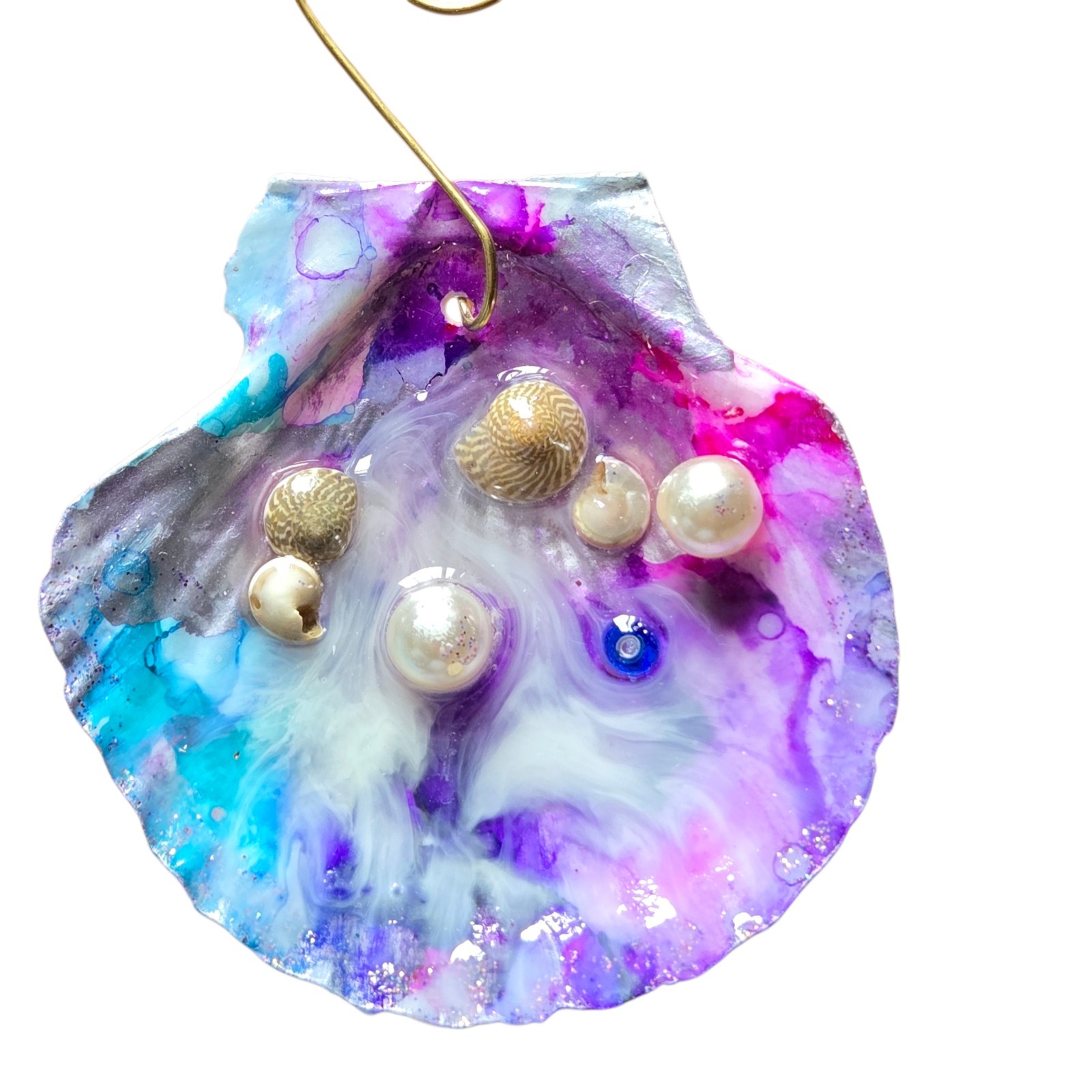 Handmade Alcohol Ink Seashell Decor Resin Sealed Hanging Coastal Boho Ornament gallery