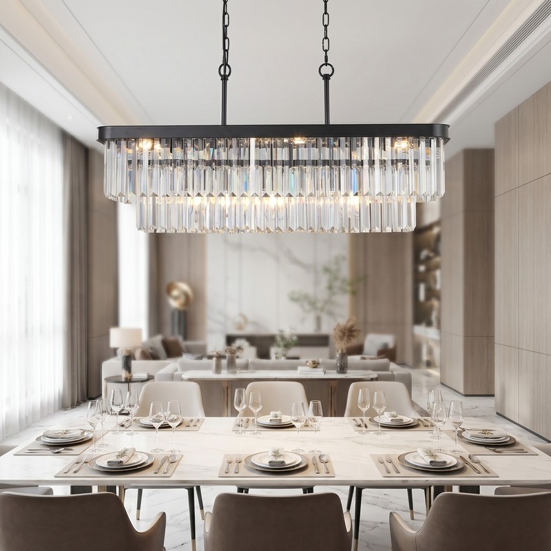 34 in Black Rectangular LED Crystal Chandelier 11 Light Pendant Kitchen Fixture gallery