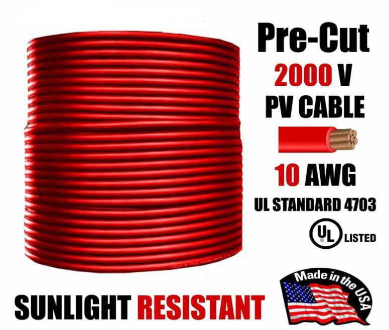 10 AWG PV Wire Red Solar Cable 1000/2000V Copper – Pre-Cut 50–500 Ft gallery