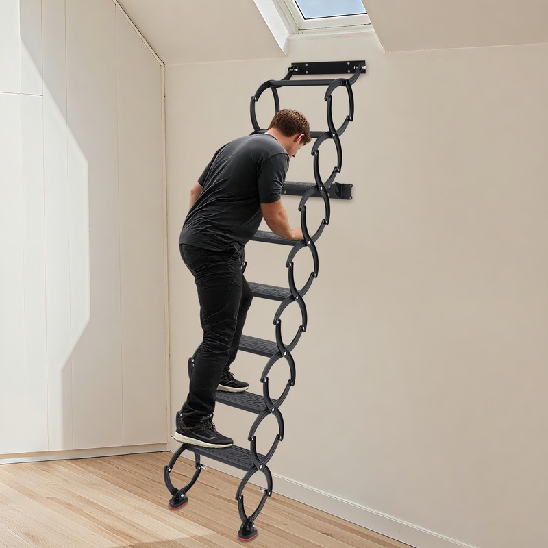 Attic Loft Pull Down Ladder 8 Step Wall Mounted Folding Loft Ladder Stairs Black gallery