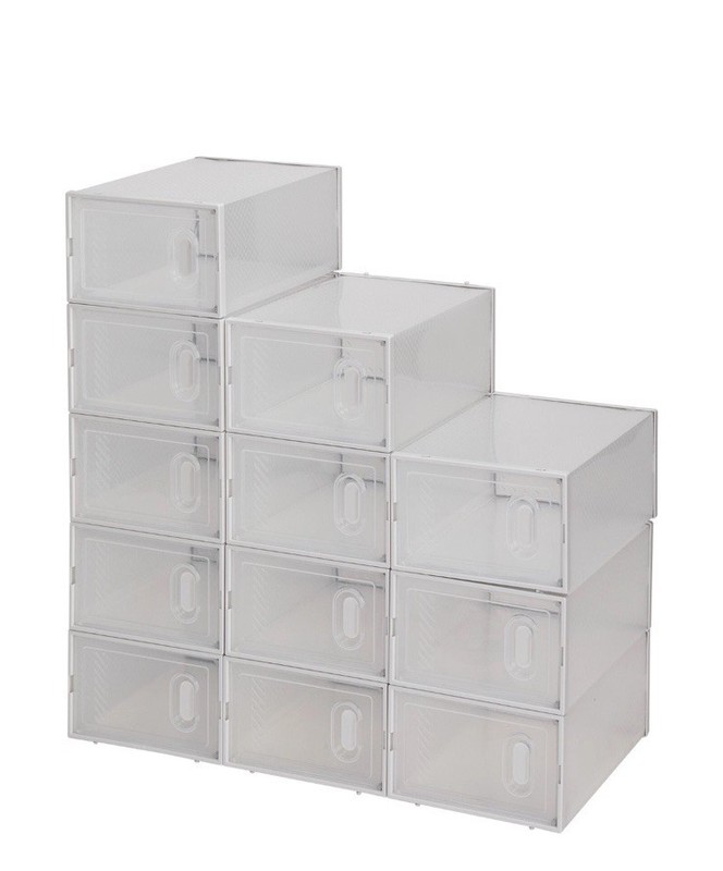 Stackable (12 Pack) White Shoe Storage Organizer Boxes with Magnetic Doors gallery