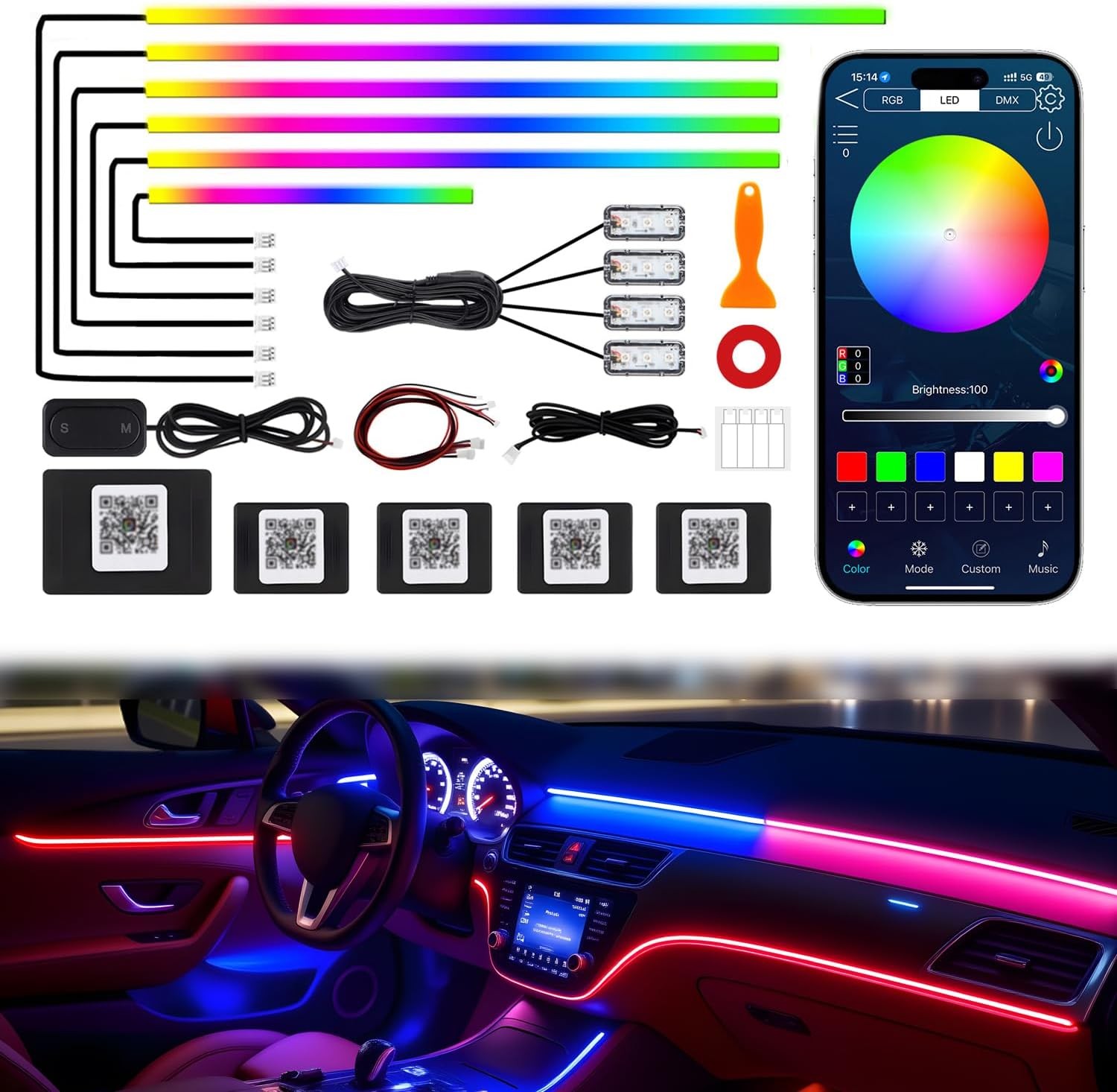 Dreamcolor Acrylic Interior Car LED Strip Lights, 10 in 1 Ambient Lighting Kit w gallery