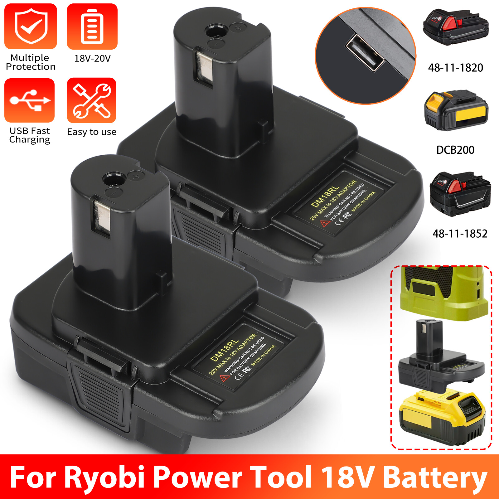 1/2Pcs USB Adapter Converter for Dewalt 18V/20V Battery to for Ryobi 18V Tool gallery