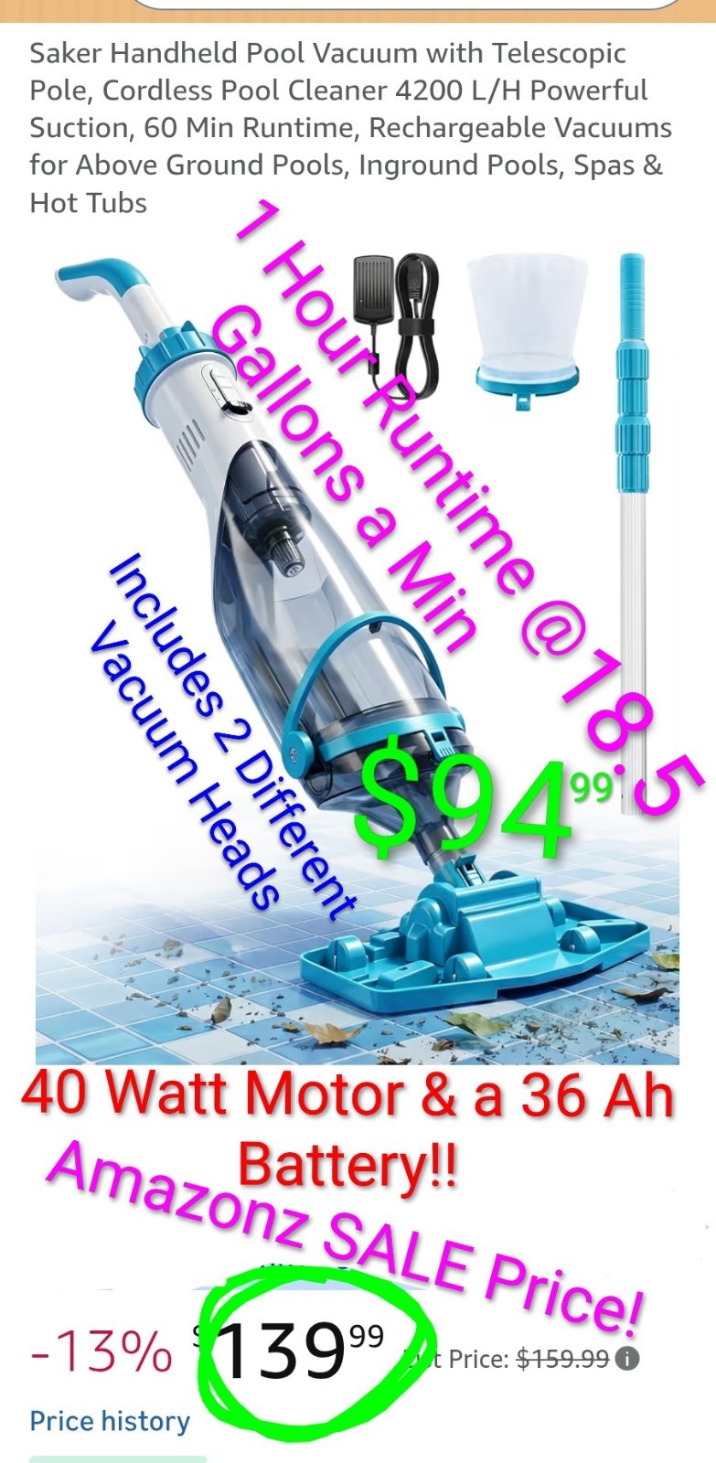 Handheld Cordless Pool Vacuum Battery Pool Vac Hot Tub Vac 40W Motor! 18.5 GPM gallery
