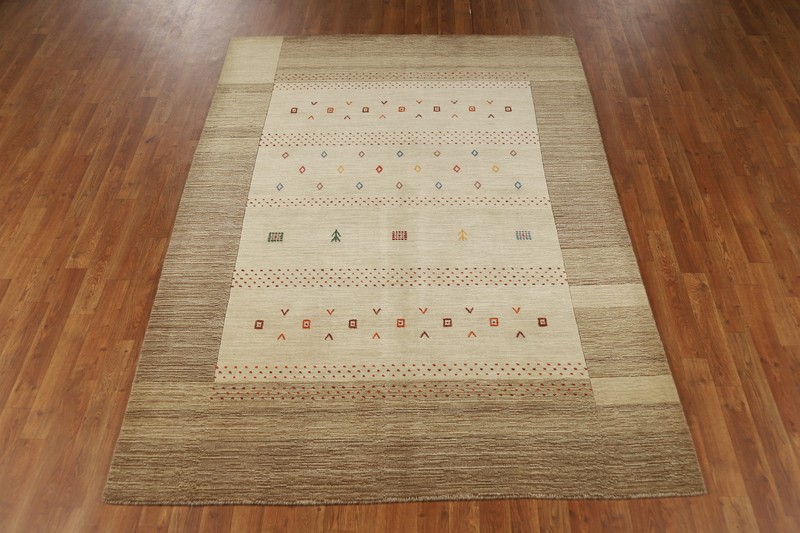 Bordered Stylish and Durable Gabbeh Beige Rug Hand-knotted Wool 5x8 ft. gallery