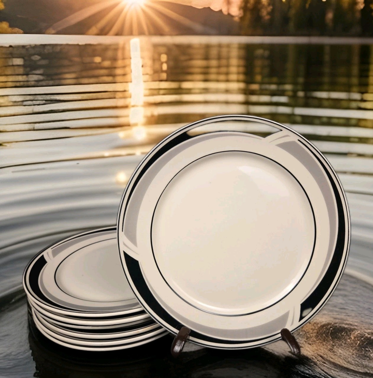 Nikko Tablemates Black Triad Post Modern 8.25" Salad Dessert Plates Set of 7 gallery