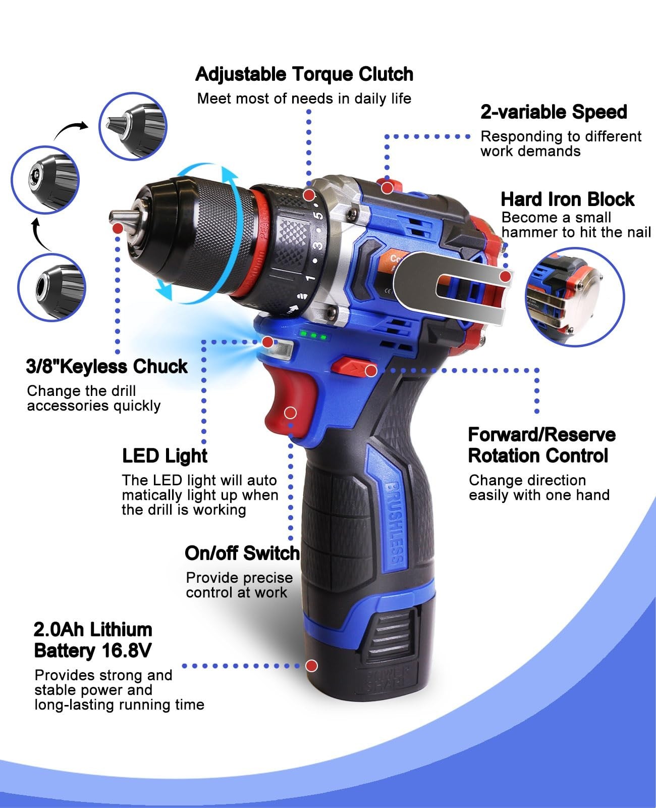Cordless Brushless Impact Driver Hammer Drill Combo Kit with Battery & Charger gallery
