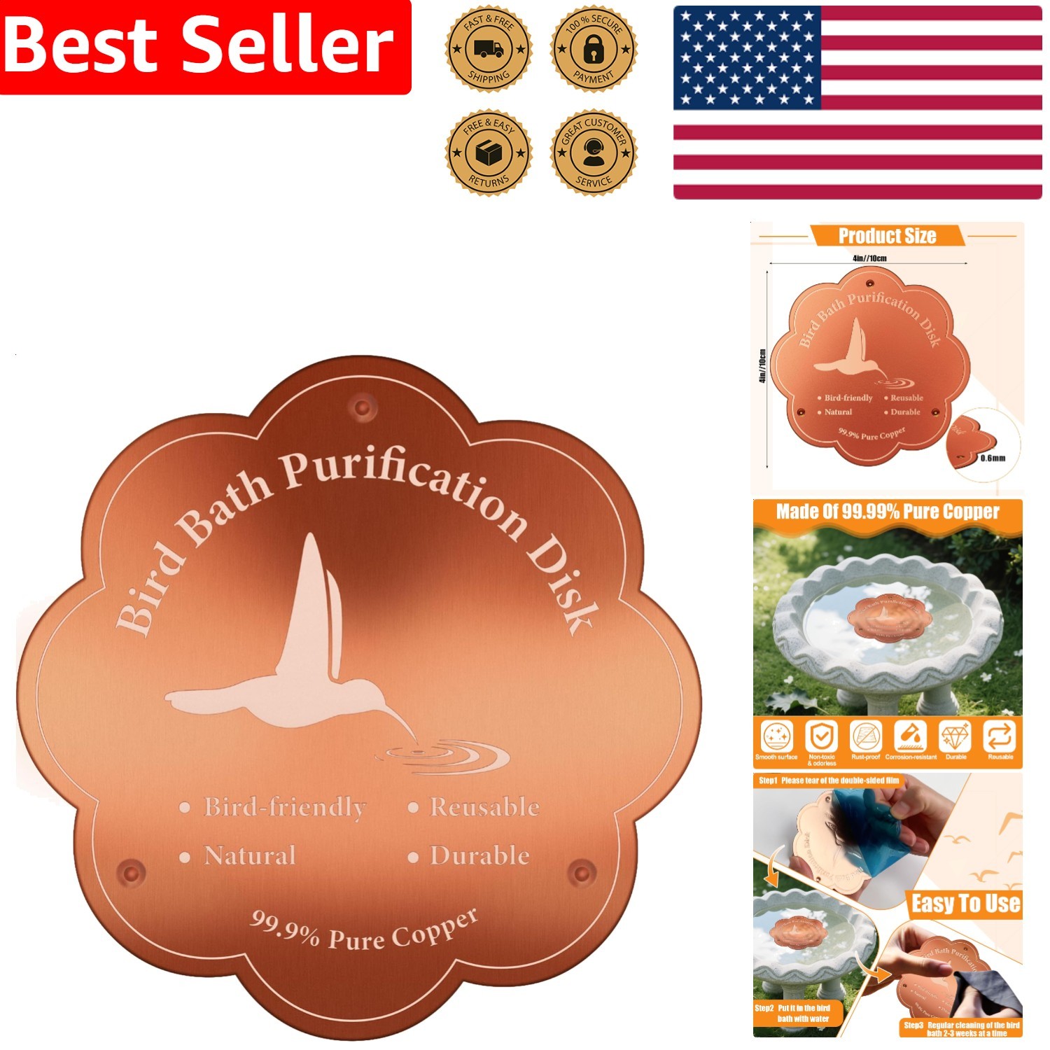 Pure Copper Bird Bath Disk - 99.99% Clean Cleaner All Season 3 Point Support gallery
