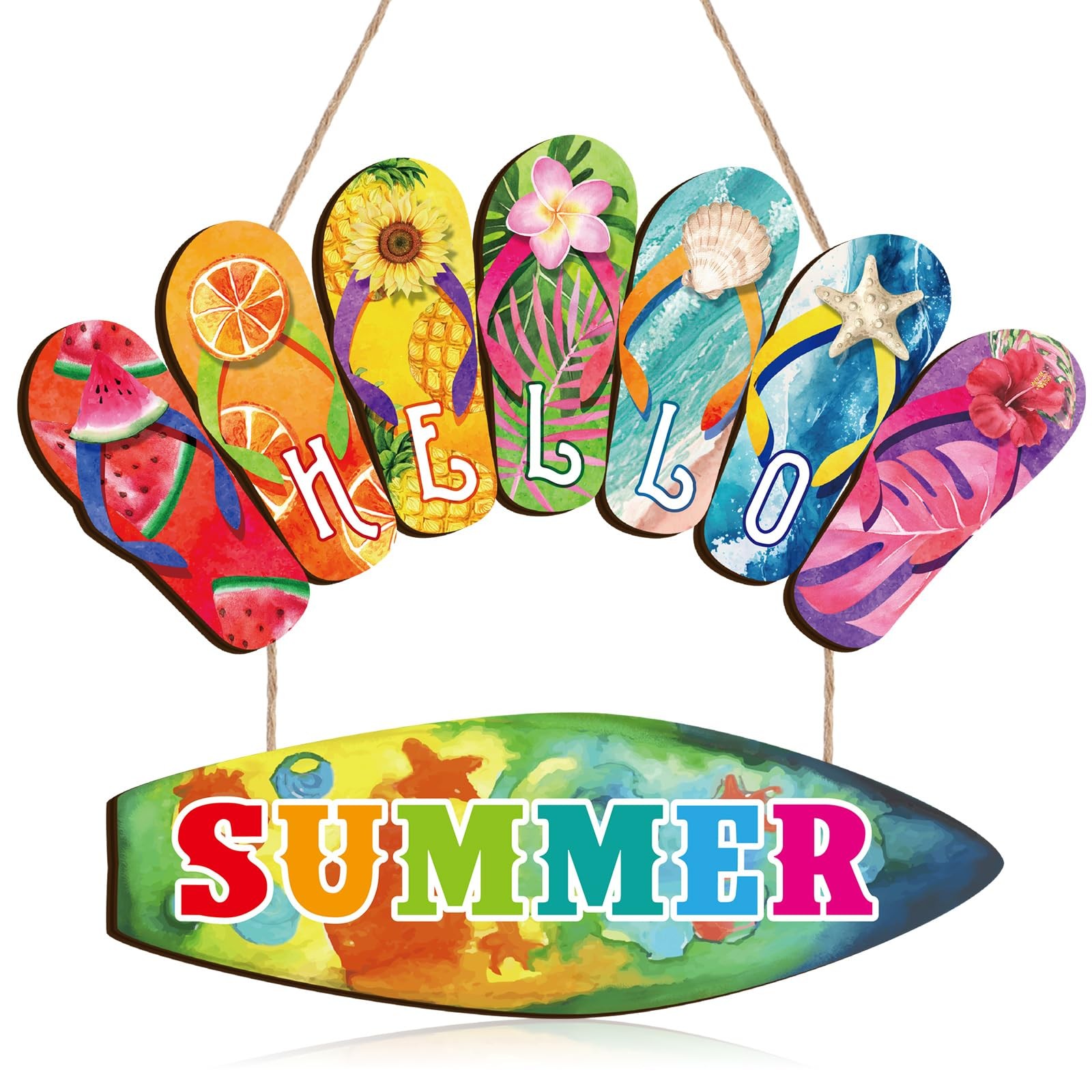 Hello Summer Door Sign Rustic Wood Summer Door Wall Decor Slippers Flower Summer gallery