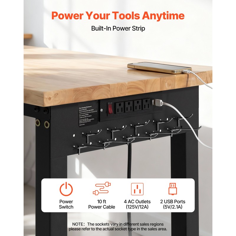 Uimoso Adjustable Workbench with Oak Wood Top and Built-in Power Outlets,72x24in gallery