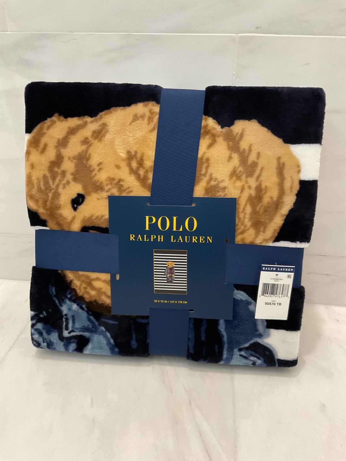 NWT POLO Ralph Lauren Navy White STRIPED RL DENIM BEAR 50” X 70” Fleece Blanket gallery