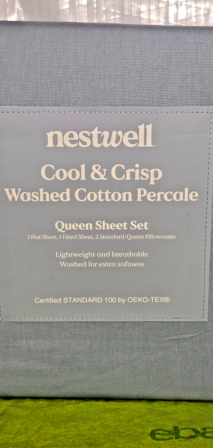 Nestwell Cool & Crisp Washed Cotton Percale Queen Sheet Set Blue gallery
