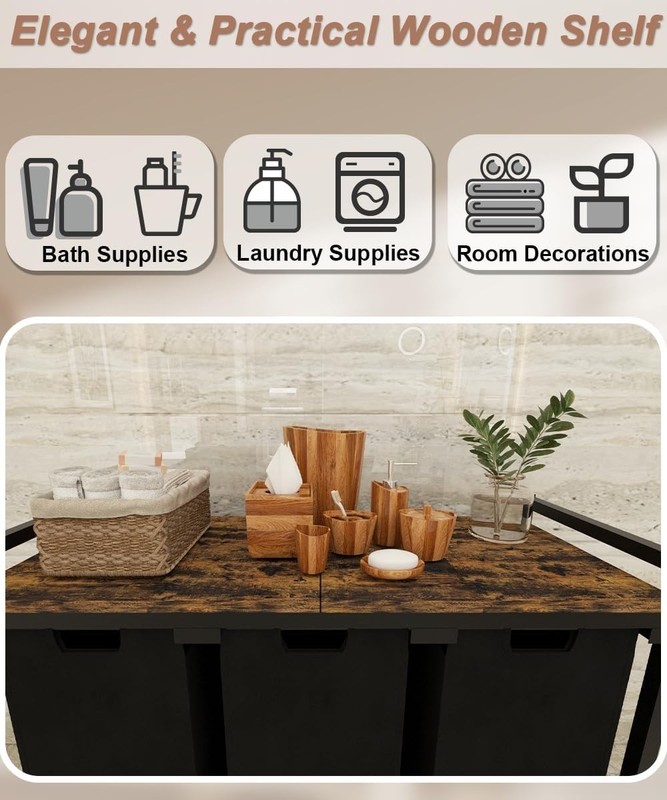 NEW Laundry Hamper 3 Bag Sorter Pull Out Removable Rustic Brown Black gallery