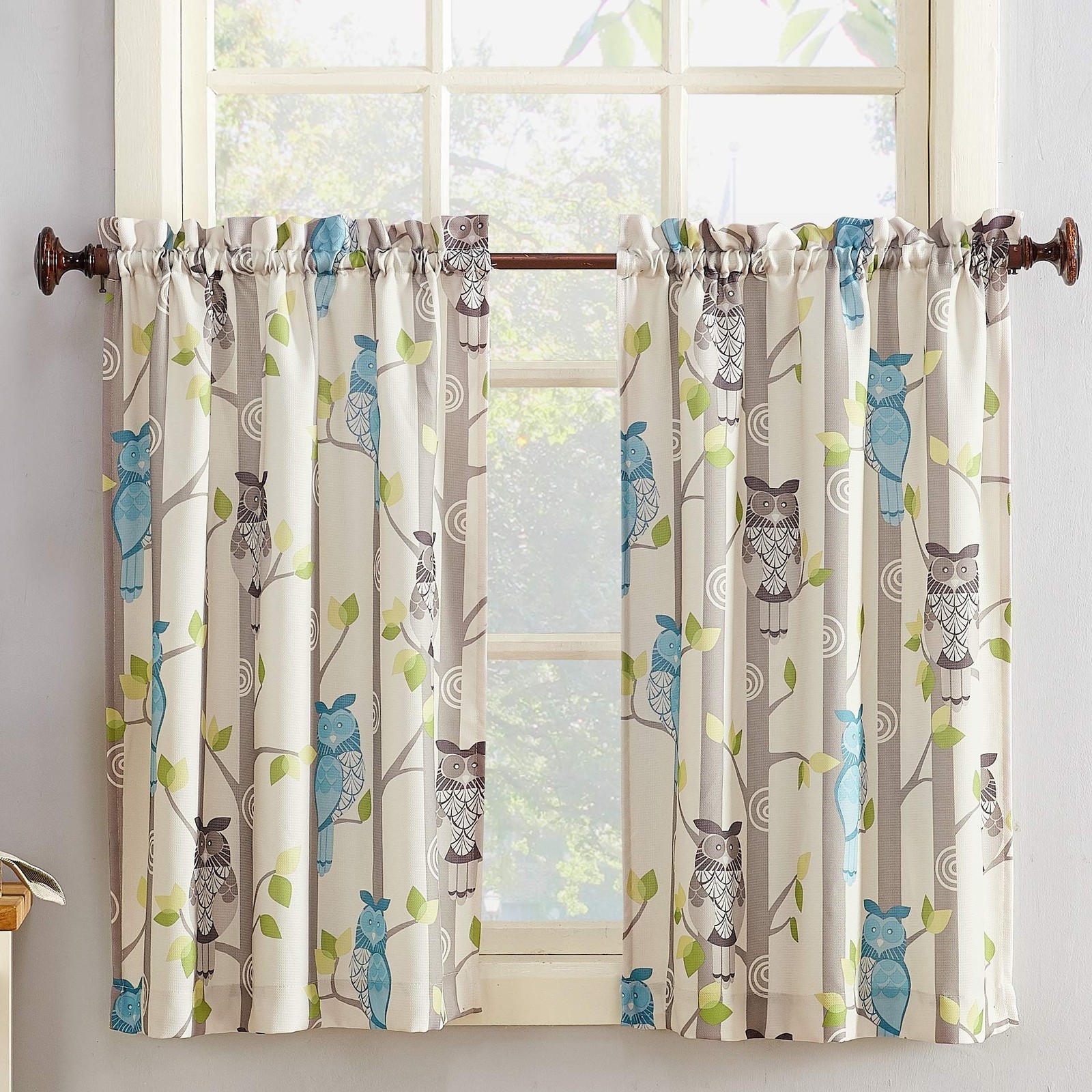 Hoot Owl Print Semi-Sheer Rod Pocket Kitchen Curtain Tier Pair, 56" x 36", Mocha gallery