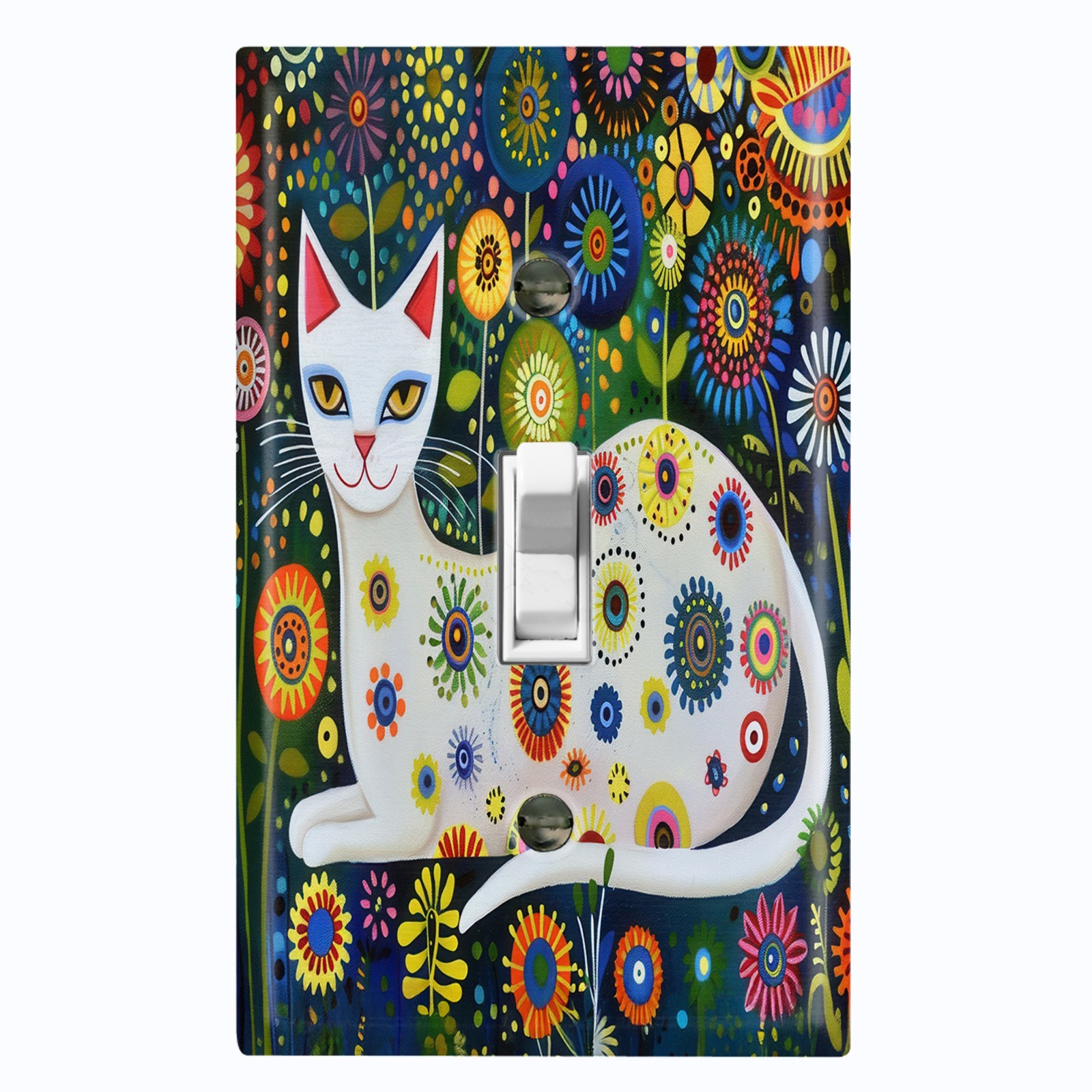 Metal Light Switch Outlet Cover Wall Plate White Cat Colorful Floral AML167 gallery