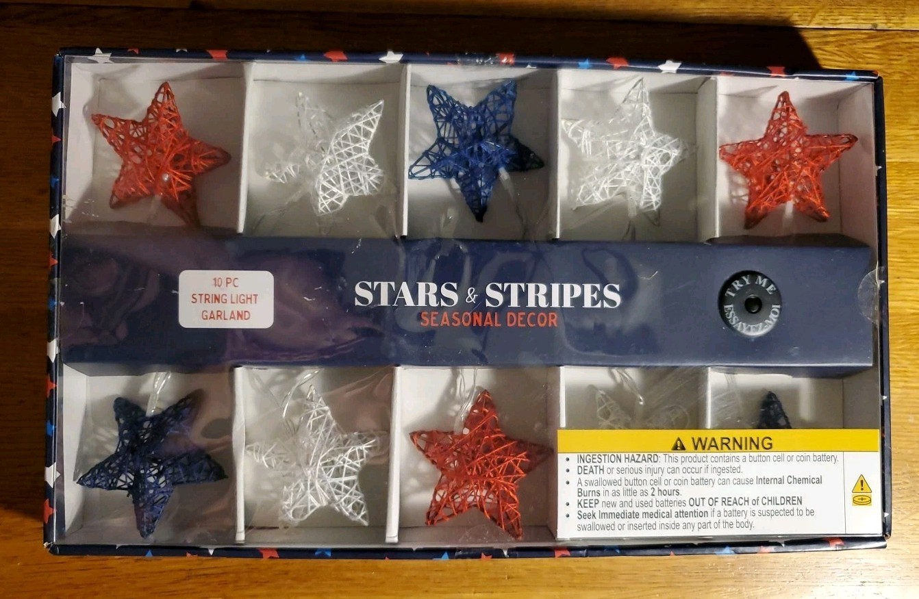 Stars & Stripes 10ct LED String Light Garland Patriotic Red White & Blue Stars gallery