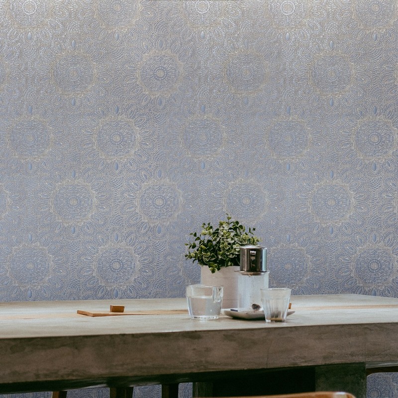 Lace flowers pattern Tan Gray Silver metallic faux fabric textured Wallpaper 3D gallery