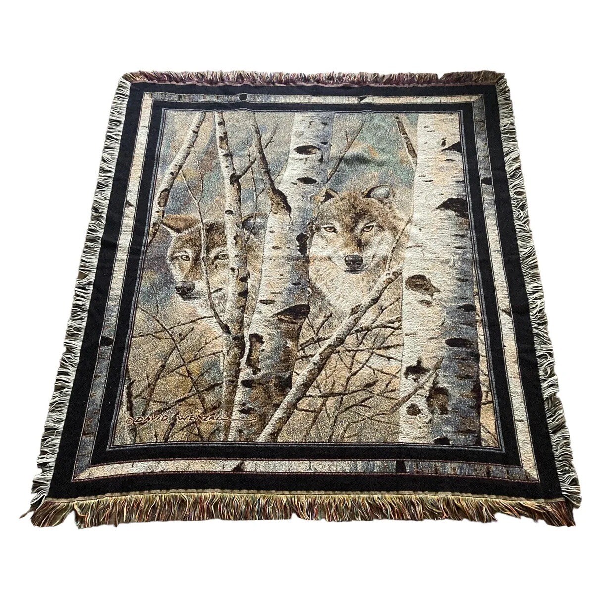 VINTAGE Mohawk Home Fleeting Glimpse Wolves Throw Blanket Tapestry Made USA NOS gallery
