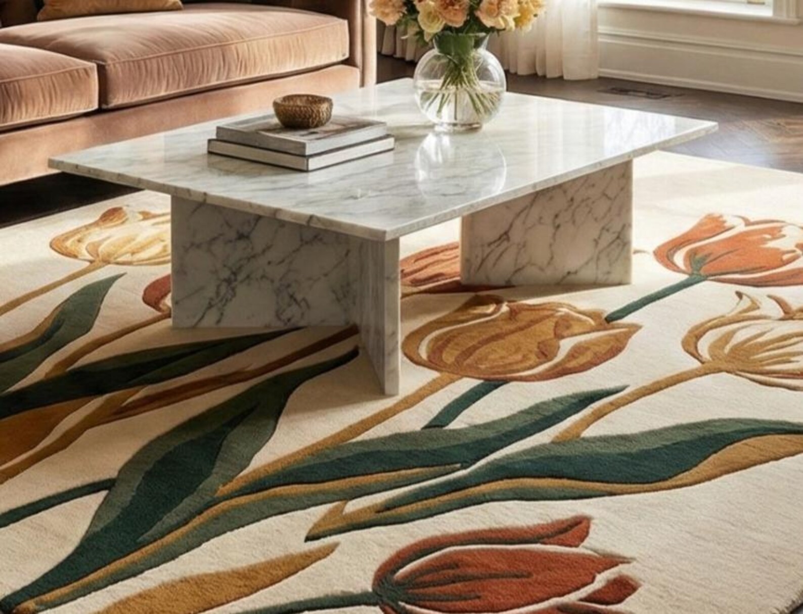 Hand Tufted Wool Rug 3D Floral Tulip Textured Terracotta Green Cream Area Rug gallery