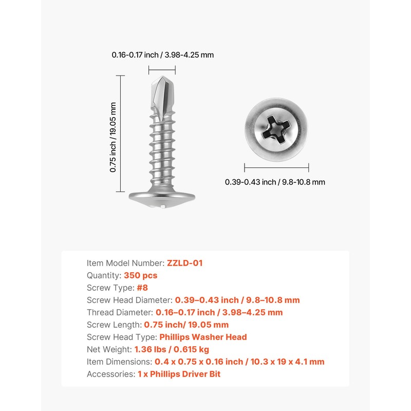 Self Tapping/Drilling Screws 3/4 Inch Stainless Steel Phillips Wafer Head 350pcs gallery